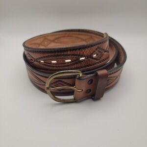 Tooled Leather Belt Size 40 Brown Top Grain Western Oval Brass Buckle